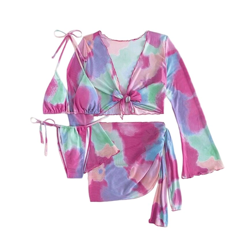Tie Dye Halter Triangle Bikini Swimsuit & Cover Up Top With Skirt Set
