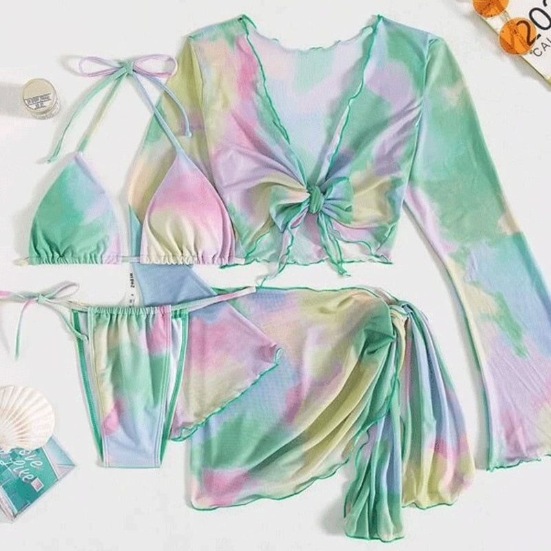 Tie Dye Halter Triangle Bikini Swimsuit & Cover Up Top With Skirt Set