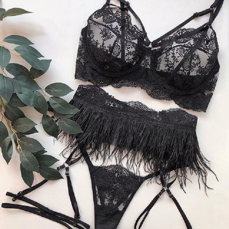The Lace Embroidery Bra 3 Piece Sets